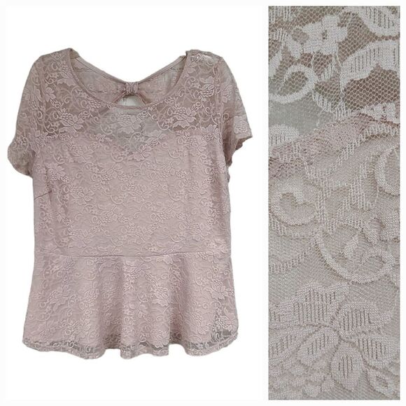 Forever 21 Plus Sz 3X Pink Stretch Lace Illusion Neckline Cut Out Peplum Blouse - Picture 1 of 8